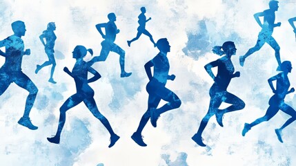 Blue dynamic silhouette of diverse group of people running background illustration