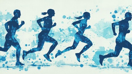 Blue dynamic silhouette of diverse group of people running background illustration