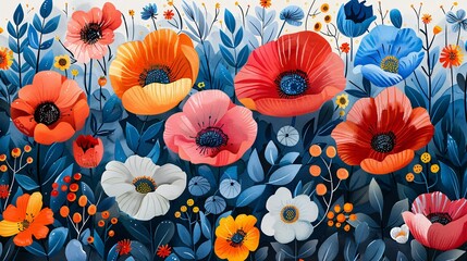 Light-hearted background with hand-drawn flowers, cheerful objects, and playful animals