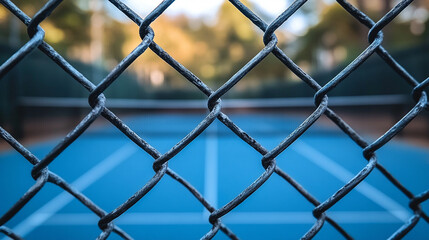 Fototapeta premium A silver chain-link fence stands in focus, symbolizing boundaries and separation, while a blurred, empty blue tennis court under a cloudy sky evokes a sense of solitude and stillness.