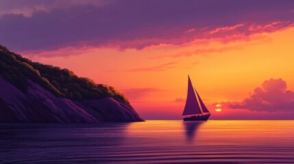 Fototapeta premium A serene sunset over calm waters with a sailboat gliding gently at dusk among the mountains and colorful sky.