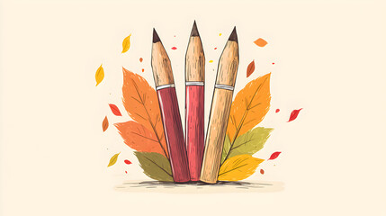 Vibrant Autumn Illustration: Creative Art of Colored Pencils and Leaves in Red, Yellow, and Orange for School Stationery Design and Nature-Inspired Sketching Tips