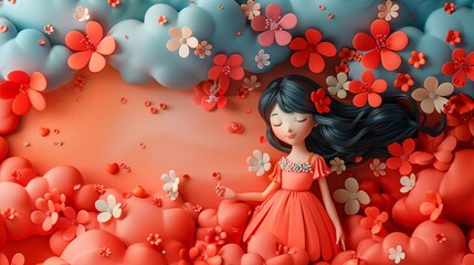 Soft and colorful backdrop with imaginative elements like clouds, flowers, and happy hearts