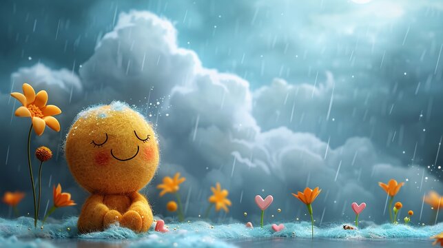 Soft and colorful backdrop with imaginative elements like clouds, flowers, and happy hearts