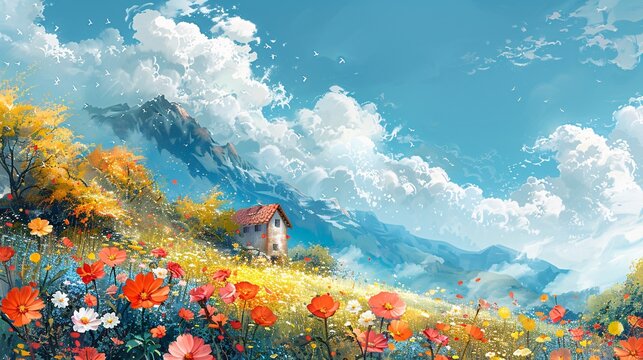 Soft and colorful backdrop with imaginative elements like clouds, flowers, and happy hearts