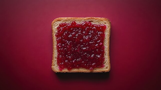 Single slice of toast with raspberry jam on red background, minimalist food concept