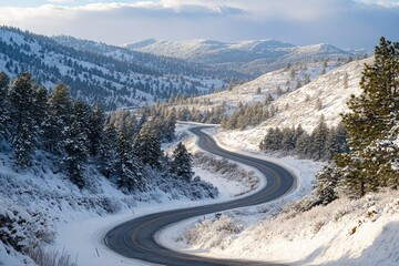 Desolate winding highway through a snowy mountain landscape.