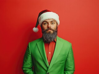 Naklejka premium A man with a beard and a green suit with a red shirt and a santa hat. He is smiling and looking at the camera
