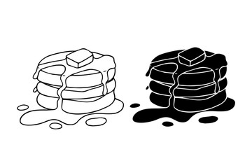 Sketch, silhouette, stamp of dessert, sweet pastries pancakes with honey and butter. Vector graphics.