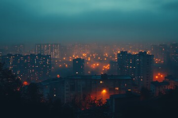 Cityscape at night with glowing lights and foggy atmosphere