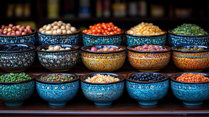 Fototapeta premium A modern table with vibrant bowls filled with fresh seasonal vegetables and fruits, set in a bright, clean space with an empty caption area on the side, symbolizing health and balance