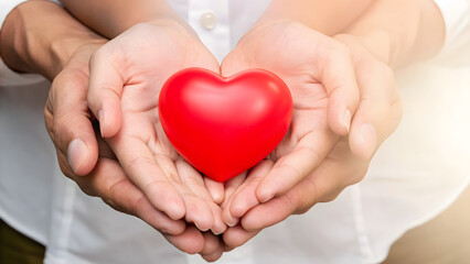 Cupped hands presenting a vibrant red heart agains