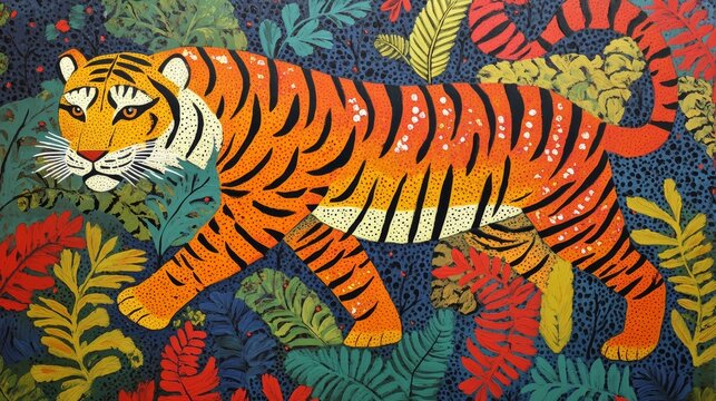 Tiger's Prowl: A Dynamic Gond Artwork of a Majestic Tiger. Gond tiger painting, Indian folk art tiger, Tribal tiger artwork, Jungle animal art, Wildlife Gond painting