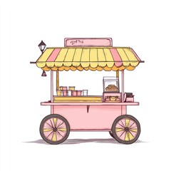 Pink pastry cart sells cakes and sweets. Isolated street food stand for business