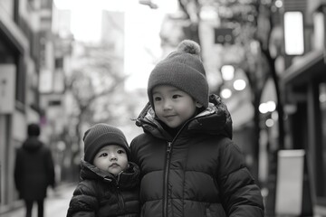 Fototapeta premium Mother and child walking in a black and white urban street