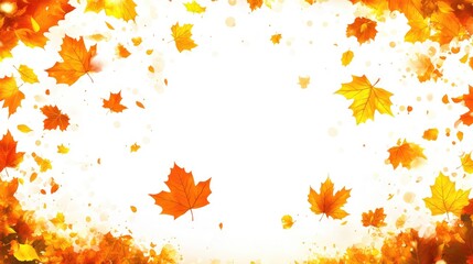 A vibrant autumn scene with falling leaves against a bright background.
