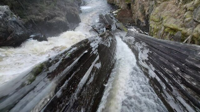 Drone footage of the log flume remnants at Auttikongas, Finland, during daytime