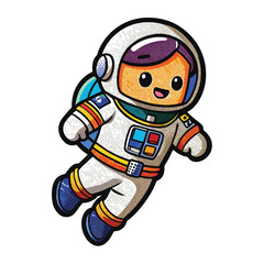 A colorful embroidered patch of a cute astronaut floating in space