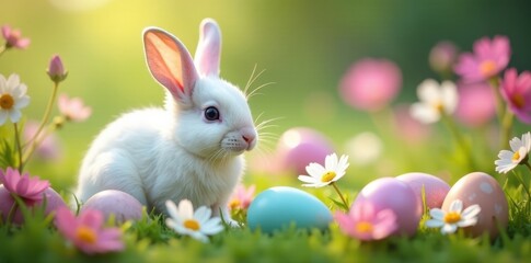 White bunny nestled amongst pastel Easter eggs and blooming wildflowers , spring, pastel, landscape