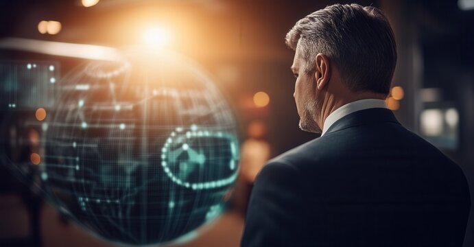 A businessman observes a futuristic, data-rich holographic globe, contemplating global connections and information.