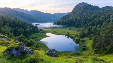 Sunrise over mountain lake, misty valley, tranquil nature scene, travel poster