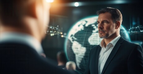 A pensive businessman contemplates global data networks, strategic planning, and future opportunities.
