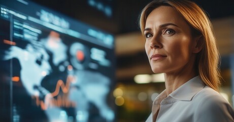 A woman thoughtfully observes a large screen displaying global data, appearing focused and contemplative.