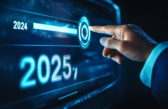 A hand points to a glowing timeline bar, illustrating a transition from 2024 to 2025 for business goals.