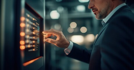A businessman interacts with a glowing digital interface, managing complex data streams in a modern industrial setting.