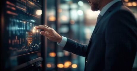 Businessman interacts with a futuristic interface displaying data visualizations, showcasing technological advancements in data analysis and business intelligence.