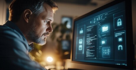 A focused programmer intently reviews code on a computer screen displaying security protocols and data files.