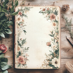 beautifully designed floral notebook page with vintage feel, featuring delicate flowers and greenery framing edges. Perfect for journaling or creative writing