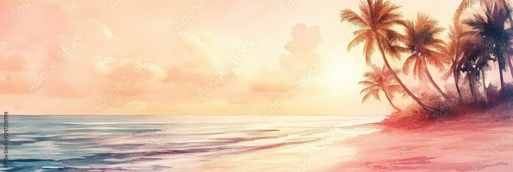 Poster serene sunset at tropical beach with palm trees swaying in gentle breeze over calm ocean waters. gen