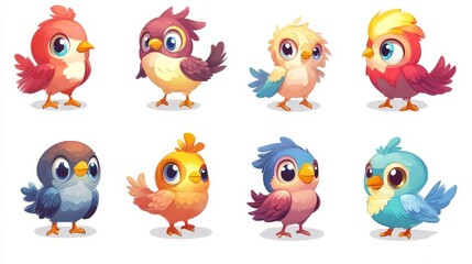 Naklejka premium Set of spring birds. Different birds. Beautiful and cute multi-coloured birds. Vector cartoon illustration in childish style. Images are isolated on white. 