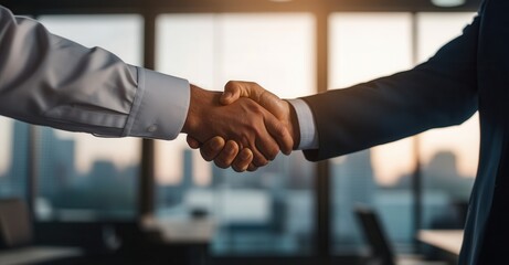 Two individuals in business attire shake hands, signifying a successful partnership or agreement. The cityscape backdrop enhances the professional context.