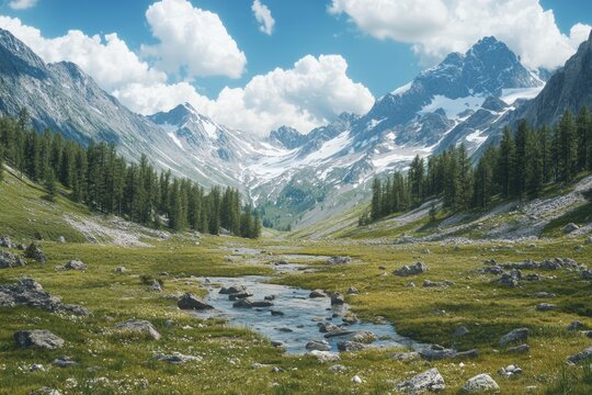 A picturesque mountain landscape with a winding river and trees in the foreground.