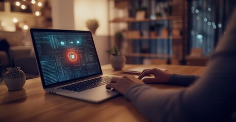 Person working late on a laptop, code and data displayed on the screen.