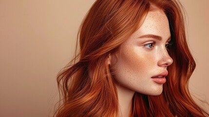 Fototapeta premium Side profile portrait of woman with long wavy auburn hair, soft glowing skin and freckles, neutral peach background, elegant feminine beauty and calm expression