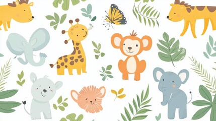 Children s animals background. Cute animals in the jungle on white. Vector illustration in flat style