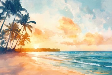 Serene sunset over a tranquil beach with palm trees swaying softly in warm tropical breeze at golden hour. Generative AI