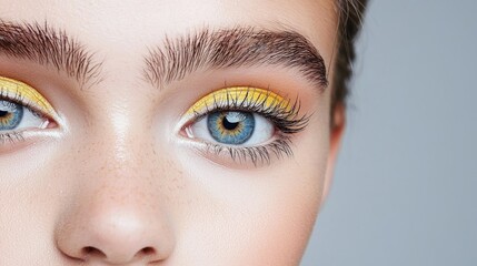 Fototapeta premium Close-up of woman's blue eyes with yellow eyeshadow