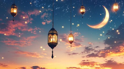 Obraz premium Ramadan Kareem holiday design. Celebrate Ramadhan Holy month in Islam. Background crescent with star and falling lanterns and star cloud. Arabic calligraphy translation Ramadan Kareem. Festive banner