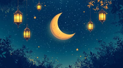 Naklejka premium Ramadan Kareem holiday design. Celebrate Ramadhan Holy month in Islam. Background crescent with star and falling lanterns and star cloud. Arabic calligraphy translation Ramadan Kareem. Festive banner