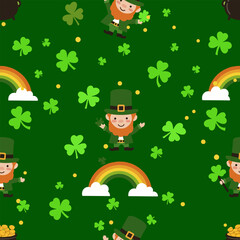Beautiful seamless pattern with clover, rainbow, pot of gold in trendy colors. Happy St. Patrick's Day. Surface design for textiles, fabric, wallpaper, wrapping, gift wrap, paper, scrapbooking and pac