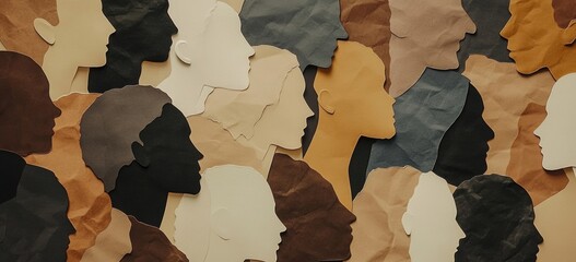 A collage of paper cutouts in various shades and shapes, each depicting the profile head or silhouette face from different ethnicities symbolizes diversity and unity among people Generative AI