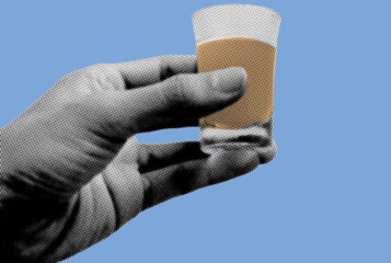 close up of hand holding shot glass of whiskey pixelate color halftone dotted texture style collage element isolated on blue background © ozzuboy