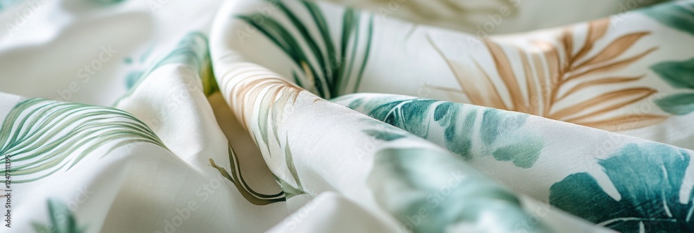 Poster tropical fabric featuring leaf patterns in light summer colors ideal for warm weather apparel and ho