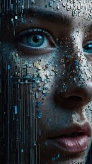 Human overload with information depicted through a digital face blending technology and emotion in a futuristic setting