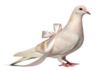 White dove adorned with a ribbon in studio setting, cut out