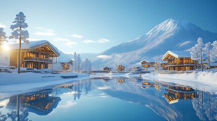 Fototapeta premium Winter Wonderland Mountain Cabins Reflecting In Calm Water